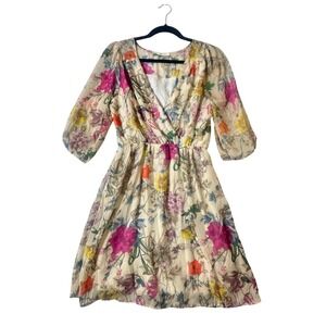 Everly Floral Surplice Knee Length Dress Cream Multi 3/4 Sleeve Elastic Waist M